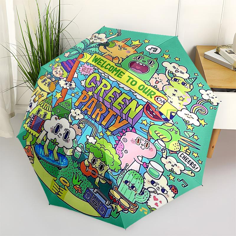 

1pc Outdoor Umbrella with Welcome to Our Green Party Print - Automatic Opening/Closing Umbrella with Portable Tri-Fold Design, 8-Rib Iron Frame