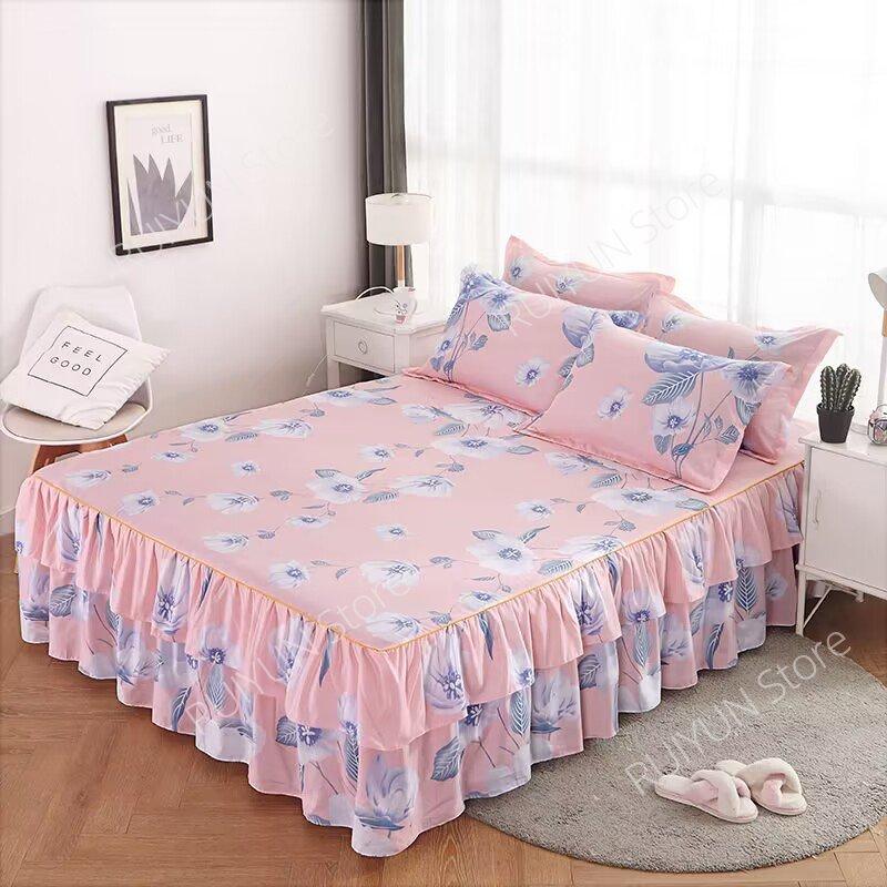 Drucken Weiche Bett Rock Hause Schlafzimmer Doppel Schichten Bett Rock Bettlaken Bett Abdeckung Rock Nicht-slip Matratze Abdeckung Couvre lit Bettdecke
