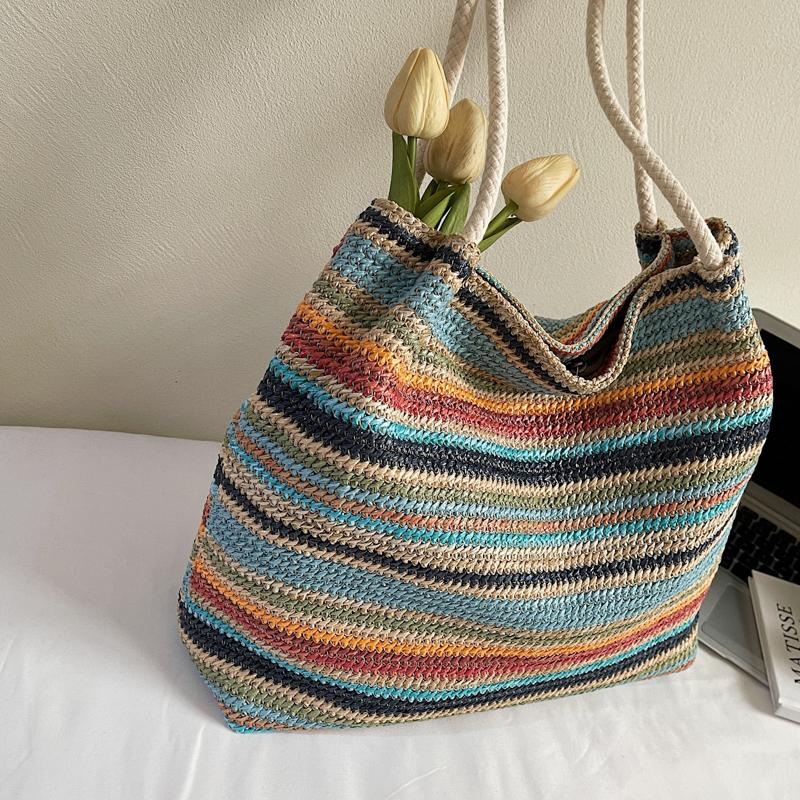 Seaside Vacation Straw Woven Bag Women's Large Capacity Rainbow Tote Bag Travel Commuter Shoulder Bag