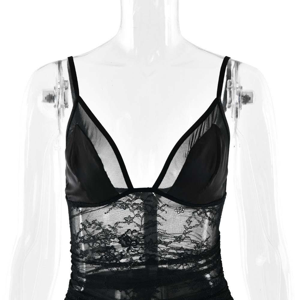 2026 European & American Spring/Summer Women's Sexy Deep V Lace Backless Spaghetti Strap Slim Fit Dress