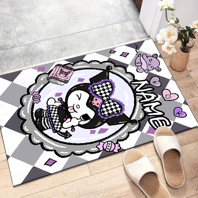 Custom Kuromi Mat Personalized Name, Polyester Washable Indoor Entryway Rug, Gift for Christmas, Easter, Thanksgiving Day