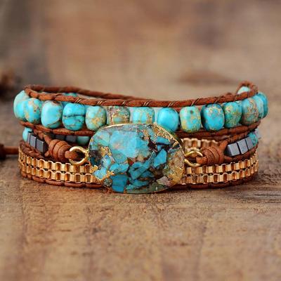 Bohemianisches abgeschrägtes türkisfarbenes Armband, dreilagiges gewickeltes handgewebtes Lederkordelarmband