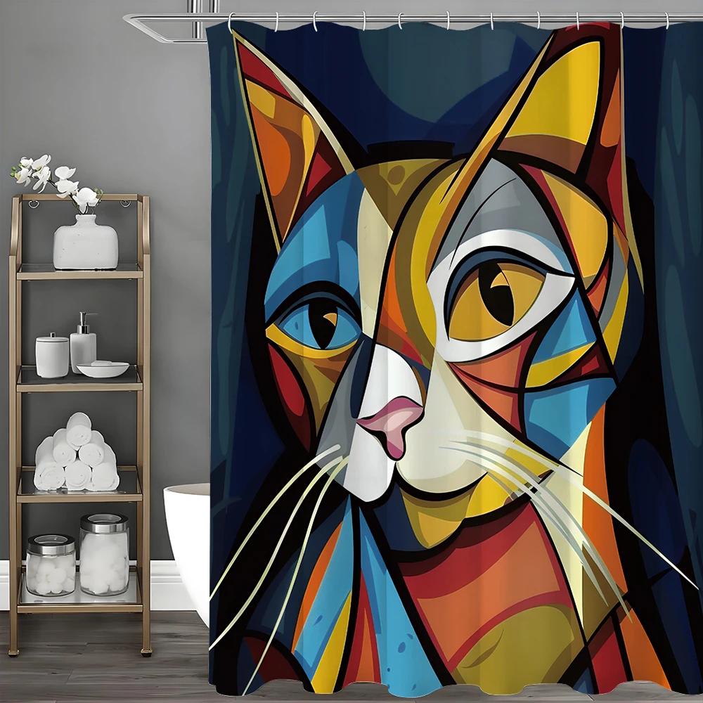 Abstract Art Cat Shower Curtain, Bathroom Decorative Shower Curtain, Waterproof Shower Curtain with Hooks