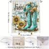 Vintage Americana Cowboy Shower Curtain - Turquoise Boots & Hat, Floral Embroidery, Sunflowers, Country Music Text, Polyester