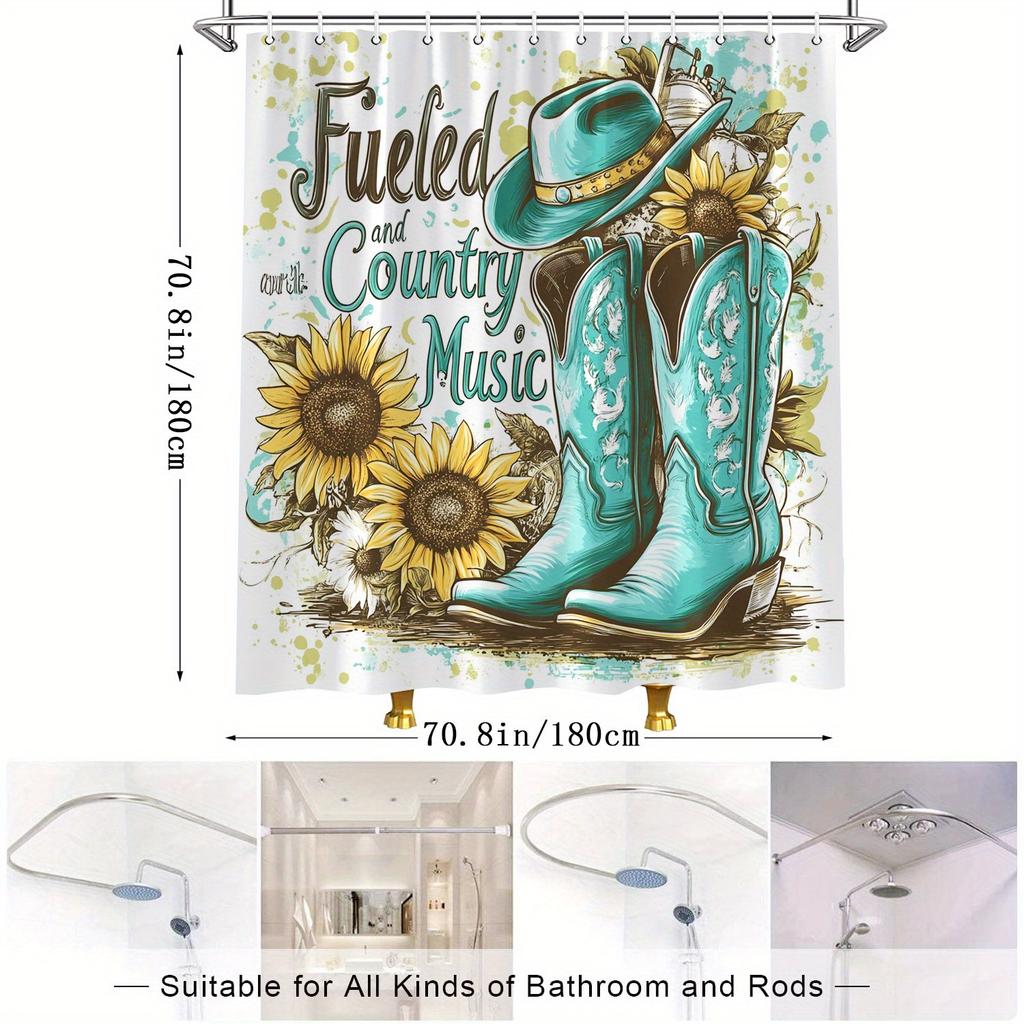 Vintage Americana Cowboy Shower Curtain - Turquoise Boots & Hat, Floral Embroidery, Sunflowers, Country Music Text, Polyester