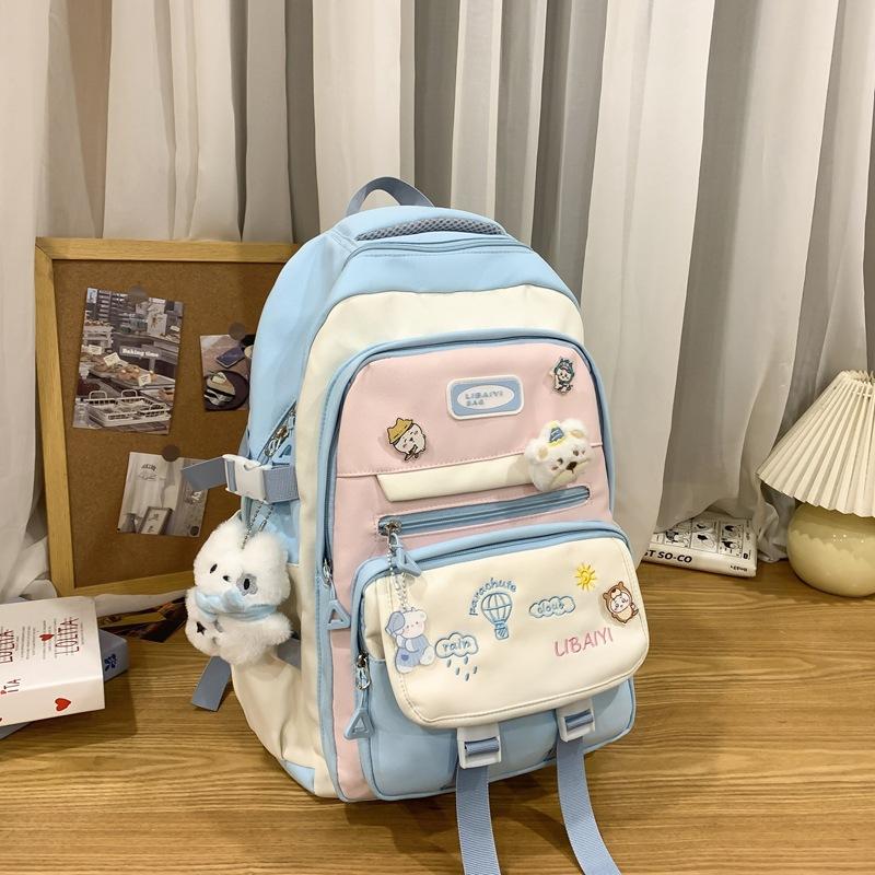 Contrasting Color Junior High School Students' Large Capacity Schoolbags  Female High School Students' Shoulder Bags  Balloon Badges and Backpacks