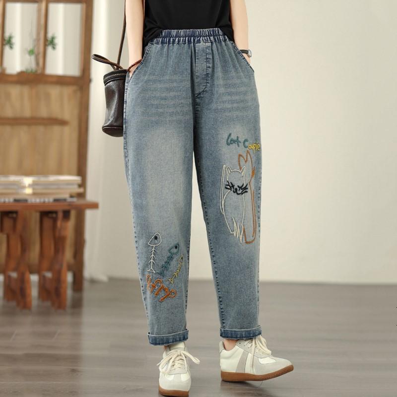 Plus Size Vintage Embroidery High Waist Casual Loose Women Spring Summer Autumn Jeans Denim Harem Pants