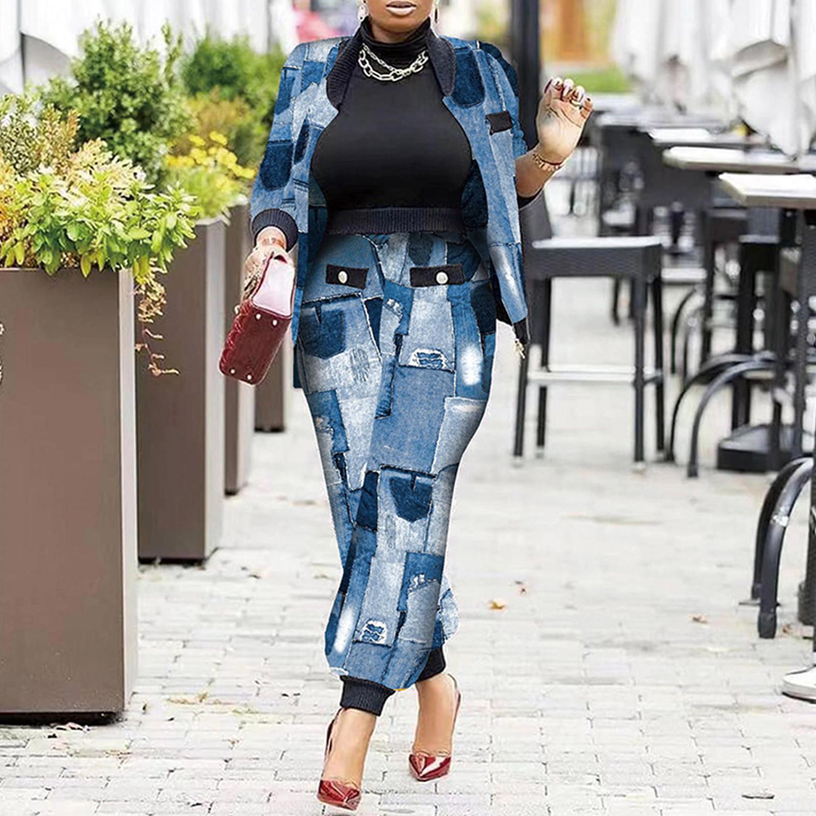 

Женский костюм с принтом «гусиная лапка», свободное пальто на молнии с длинным рукавом, брюки, комплект из двух предметов XXXL синий