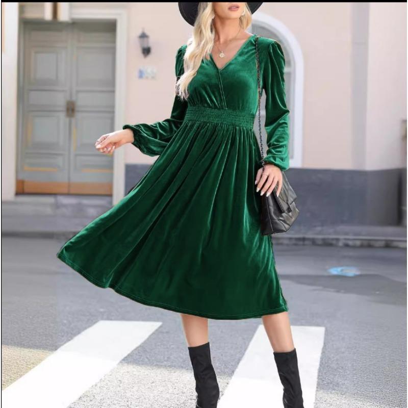 Autumn Winter Fashion V-neck Long Sleeved Dress New Solid Color Outer Wear Women Elegant Commuter Pleated High-waisted A-line Female Office Clothing