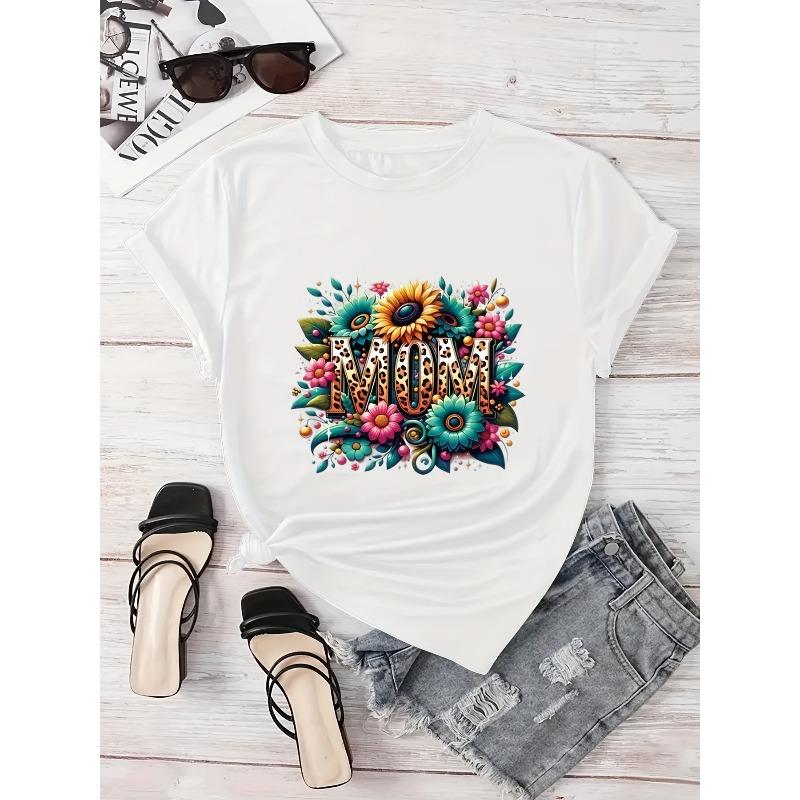 Europeisk Storlek Plus Size Dam Happy Mother's Day Grafisk T-shirt med Blommig & Leopardmönsterdesign, Lätt Andningsbar Avslappnad Vår Sommar T-shirt
