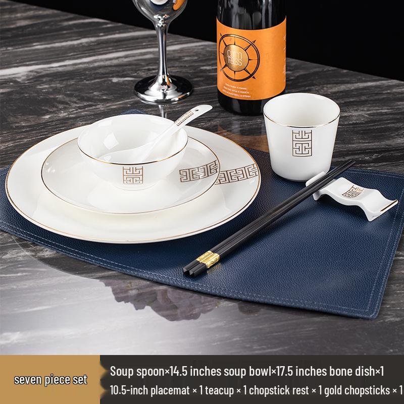 Luxury Wear-Resistant Gold Rim Bone China Dinnerware Set for Hotels and Restaurants - Includes Bowls, Plates, Spoons, Cups, and Chopsticks