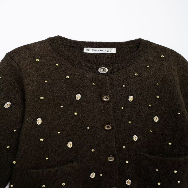 Fashion Style 2024 Fall and Winter New Women's Clothing Easiest for Match Beads Rhinestone Round Neck Knitting Cardigan 6427113