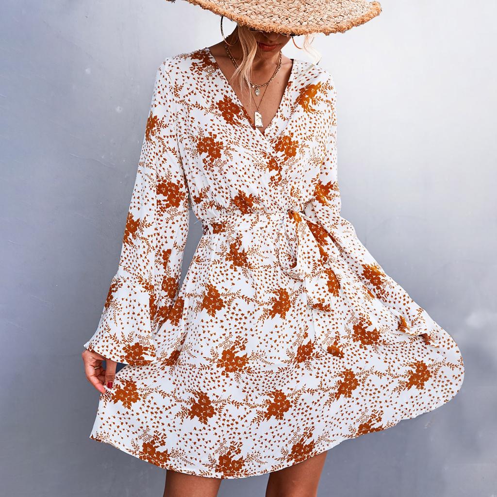 Women's Boho Print Lace-Up V-Neck Long Sleeve Dress