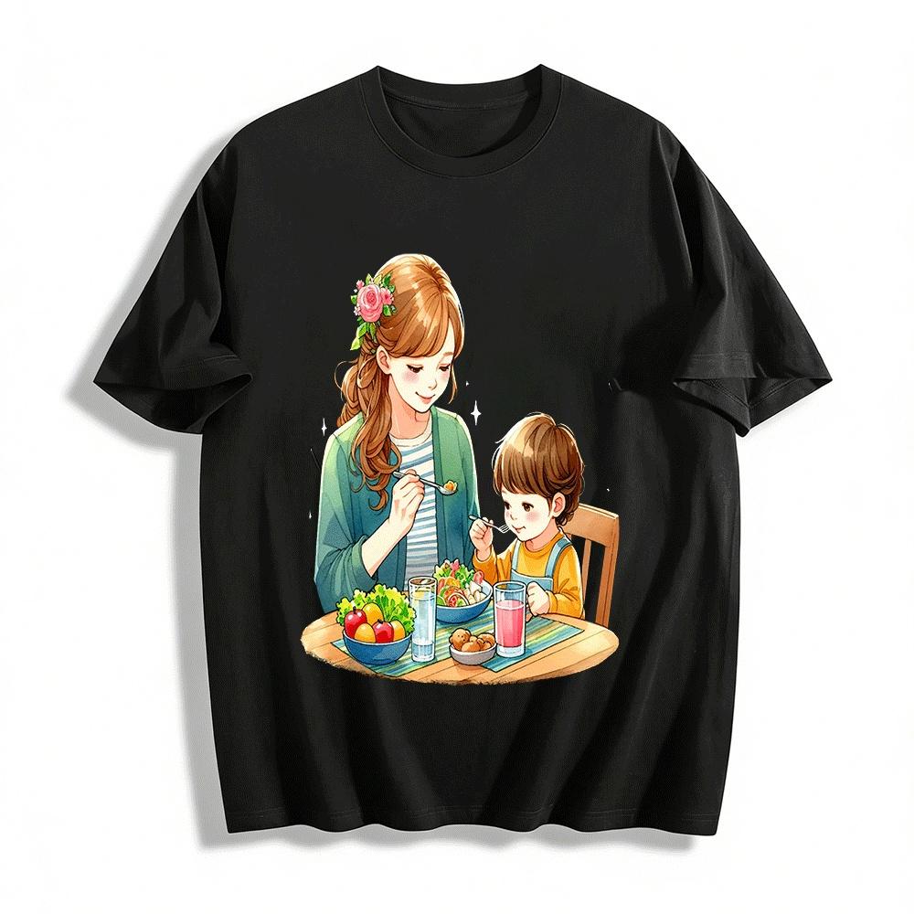 

Parent-child Meal Time Print Casual Tops For Adults & Kids Pure cotton T-shirt XXS
