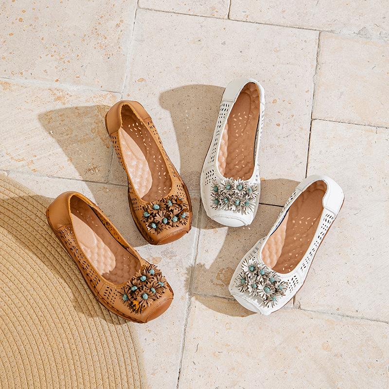 Mode GKTINOO Mocassins compensés à plateforme en cuir véritable ajouré Sandales pour femmes Vintage Maman Été Confortables à semelle souple Chaussures décontractées