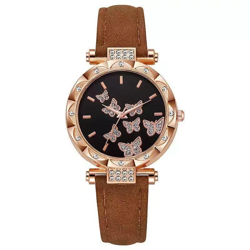 Douyin Fashion Seven-Butterfly Diamond Women's Leather Strap Watch