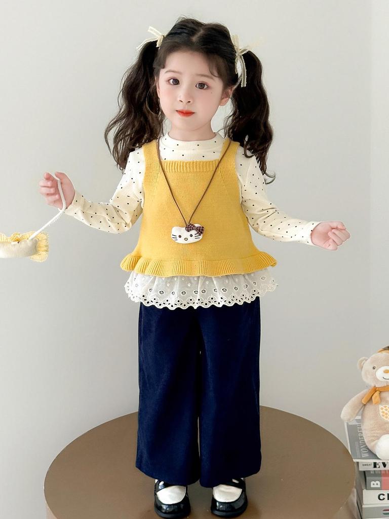 Autumn 2025 Girls' Polka Dot Knit Vest & Shirt Three-Piece Set