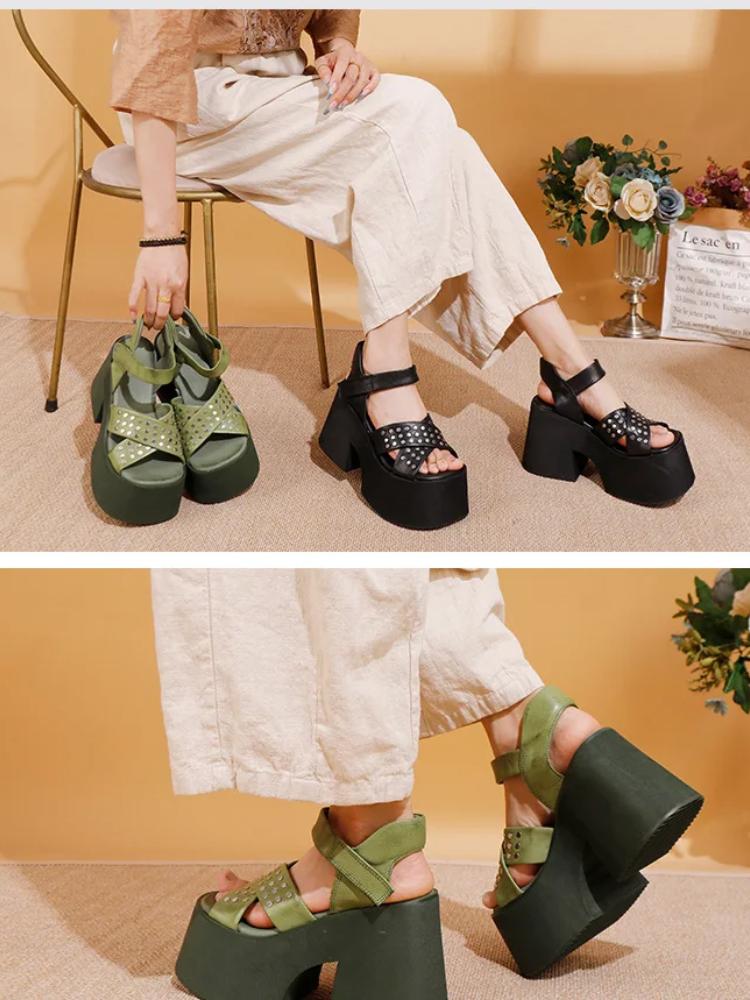 Johnature Genuine Leather Super High Heel Sandals Riveted Thick Soled Roman Women's Platform Shoes