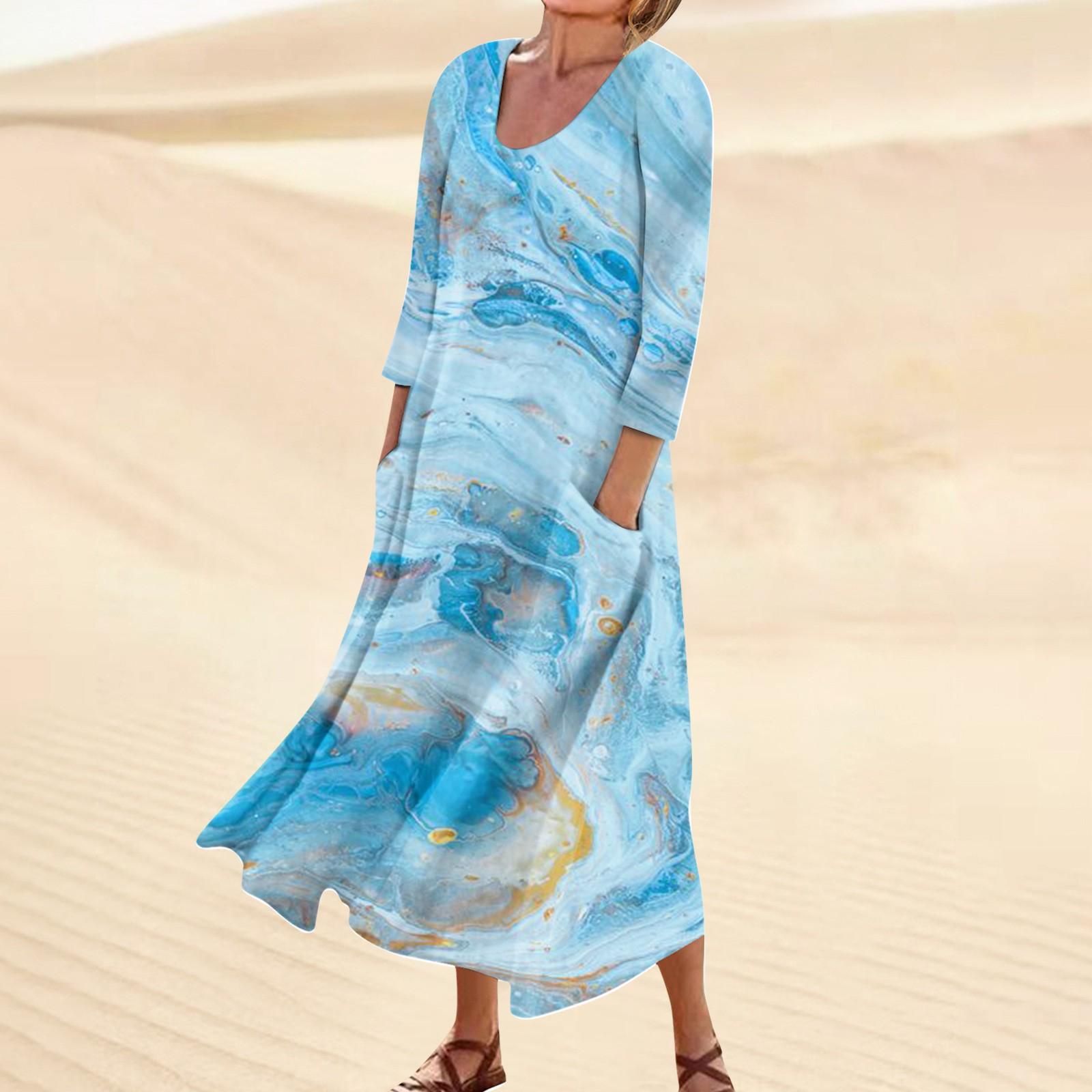 Женское повседневное модное удобное платье с карманами и рукавами 3/4 с принтом M зелёный — фото 10