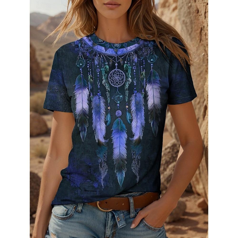 

Женская футболка с графическим принтом Богема Винтаж Стильная с коротким рукавом Круглый вырез Обычный топ на каждый день 3XL