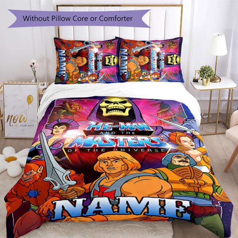 3pcs Custom Name Cartoon He-Man and the Masters of the Universe Bedding Set Duvet Cover Closure Includes 1 Duvet Cover & 2 Pillowcases for All Seasons