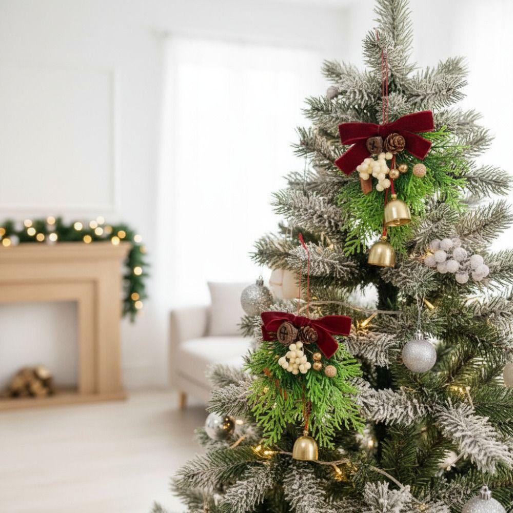 Creative Christmas Bell Pendant Velvet Bow Crisp Sound Xmas Tree Pendant with String 3D Christmas Jingle Bells Entrance Porch