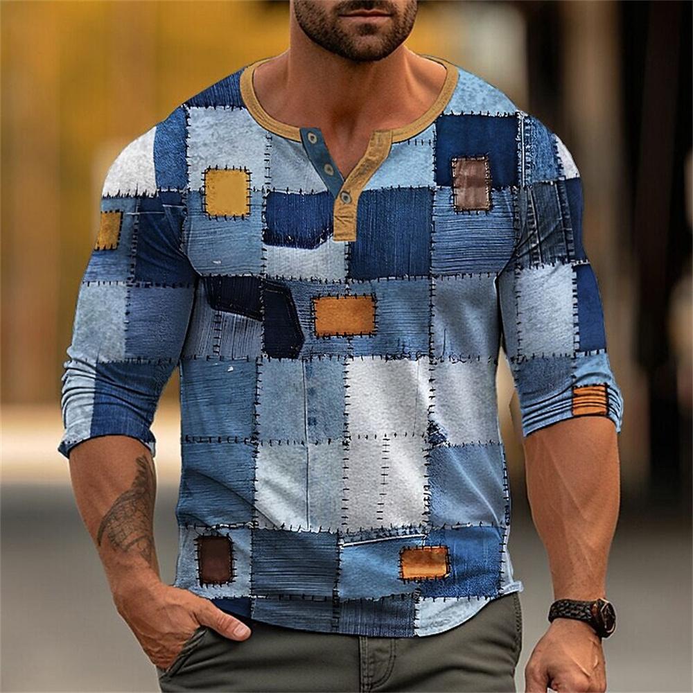 Chemises Henley Patchwork Color Block Automne Impression 3D Mode Homme Vintage Boutonnée Manches Longues T-Shirts Hauts Vêtements pour Homme