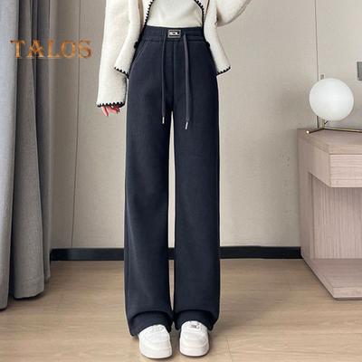 Women Corduroy Pants Elastic High Waist Straight Wide Leg Long Trousers Solid Color Thickened Fleece Lined Pants