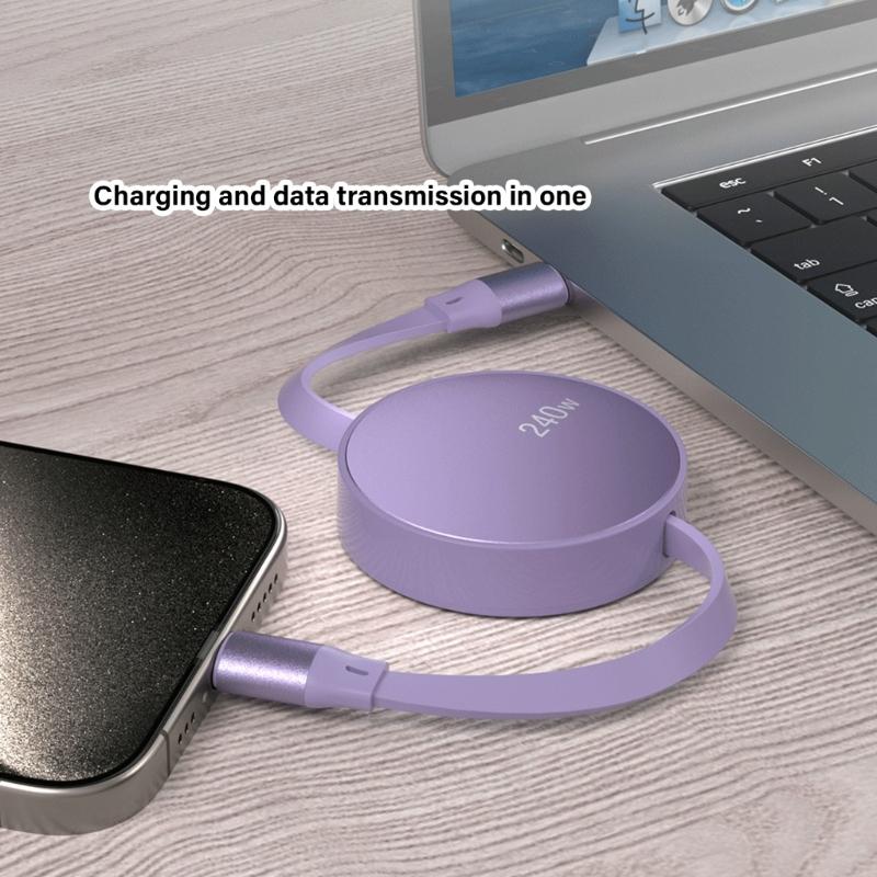 USB Type C Retractable Charging Cable 240W Fast Speed Data Sync Wire Power Cord with Wide Compatibility