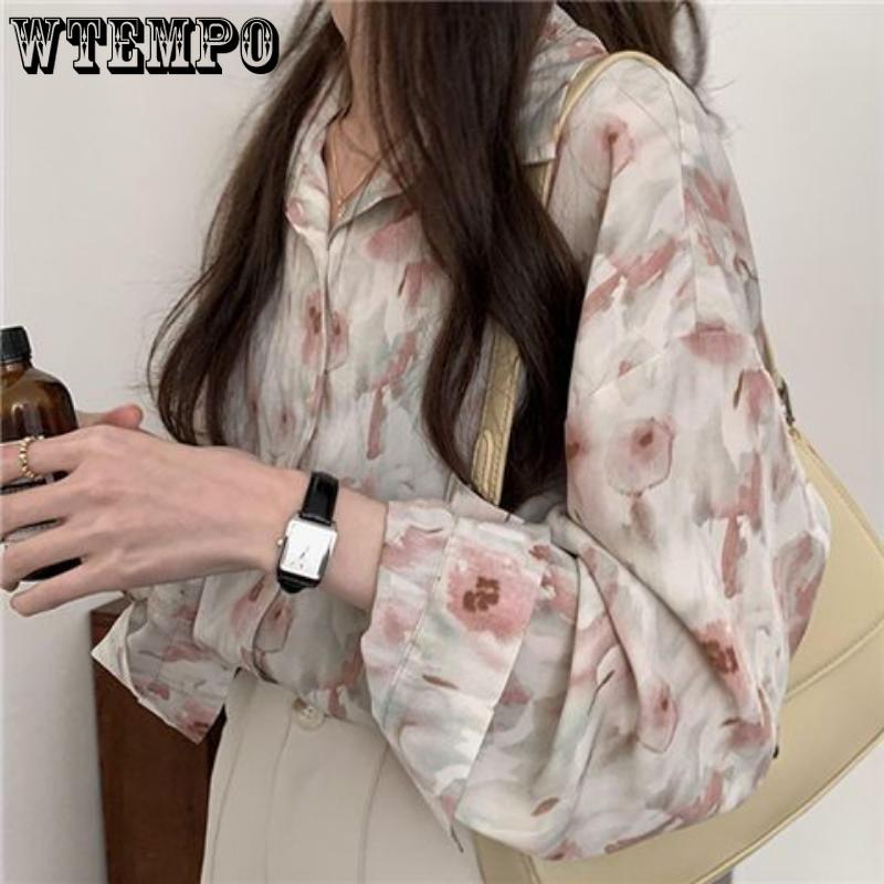 Spring and Autumn Women's Shirt Three-color Vintage Printed Chiffon Shirt Loose Lapel Oil Painting Casual Commuter Women's Top