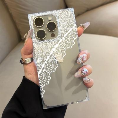 Clear Square Back Tube Case Protection For iPhone 13 12 11 16 ProMax 15 Plus 14 Pro Max Anti-Oxygen,White Lace with Tangled Net Pattern Casing