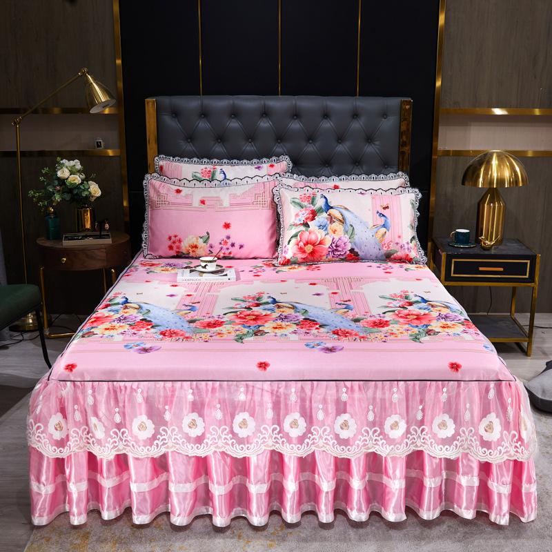 Blondertilpasset laken Luksus sengetøysett Romantisk ismatte sammenleggbare broderte laken Lin Sengetøy Queen Sengeteppe med skjørt