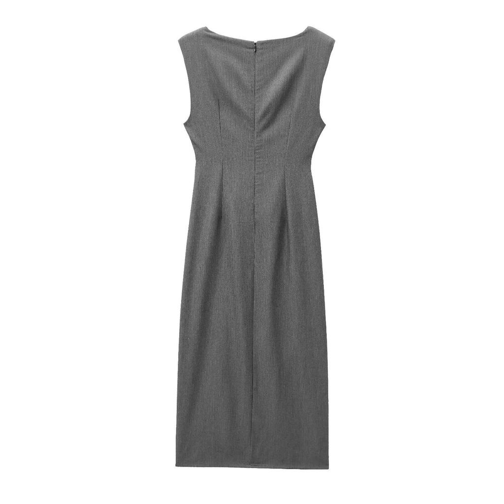 2025 Spring/Autumn Women's Sleeveless Round Neck Midi Dress with Waist Pleats