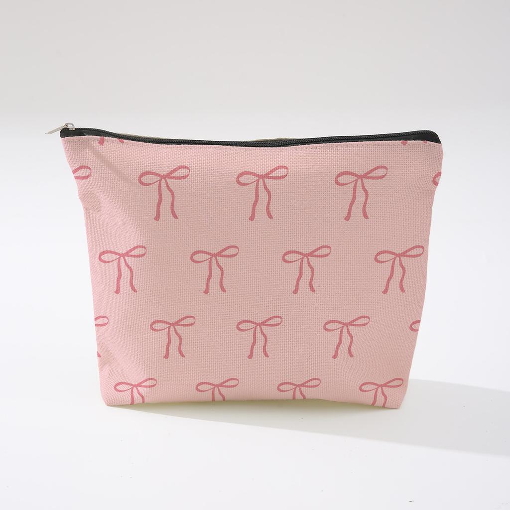 Pink Bowknot Zipper Storage Bag Travel Portable Wash Pouch Student Pencil Case Multi-Purpose Organizer for Women