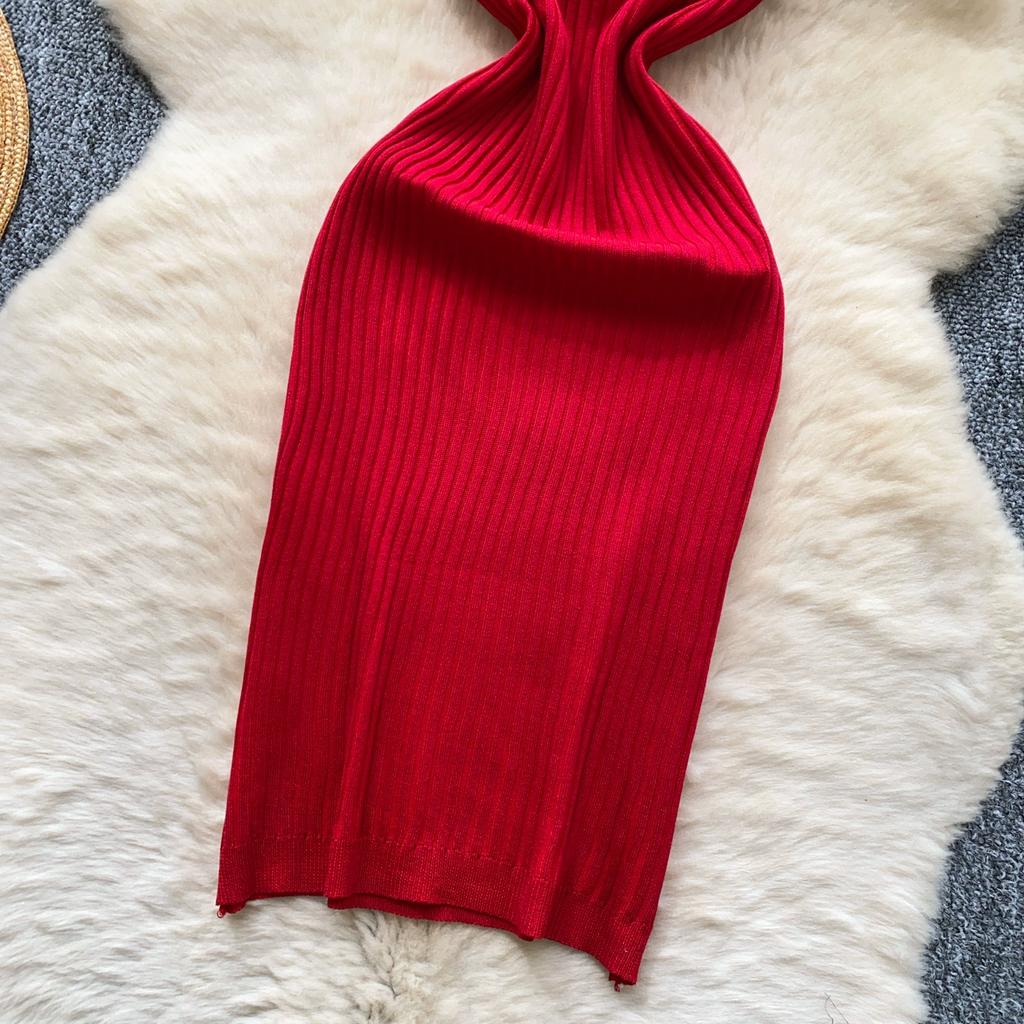 Summer Women Casual Sleeveless Polo Collar Knitted Sweater Mini Short Sheath Dresses
