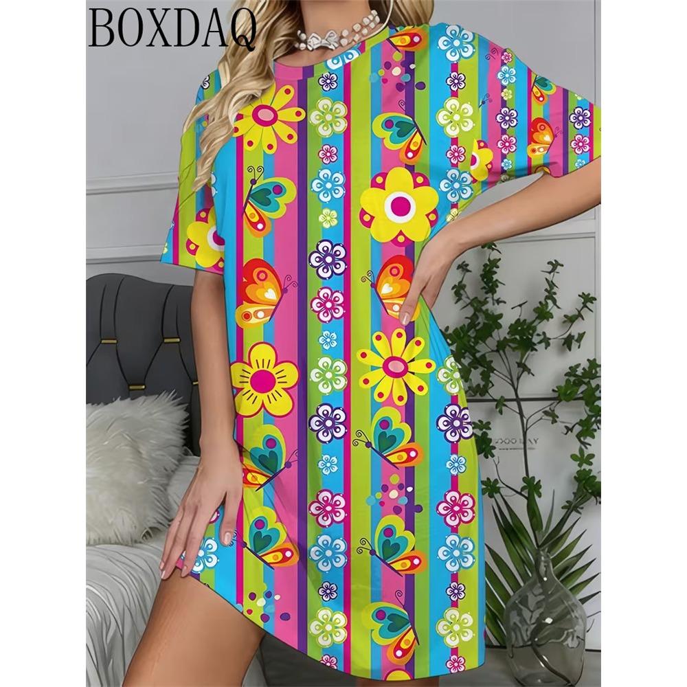 Flower Pattern Printed Round Neck Short Sleeved Loose A-line Women's Summer Dress 2026