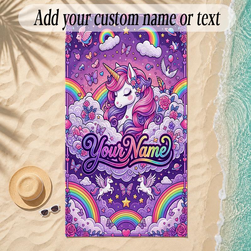 Unicorn Theme Soft Beach Towel Personalized Custom Name Text Towel Portable for Beach Pool Travel