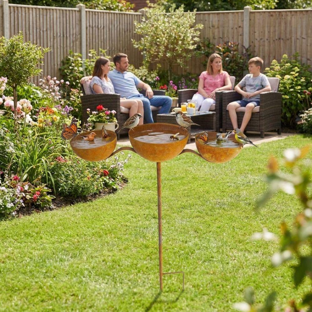 Rusted 3-Tiered Bird Bath Metal Bird Feeding Station Multi-Purpose Bird Water Bowls Yard