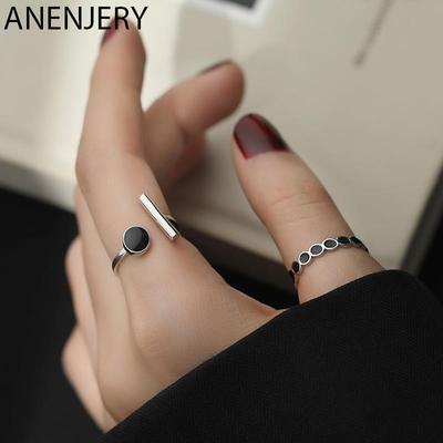 Geometrischer schwarzer Strass-Rundring für Damen, koreanische Mode, offen, verstellbar, handgefertigt, Mädchen-Geschenke, S-R1186