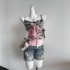 Amerikanischer Retro Shibuya Rosa Erinnerungen Leopardenmuster Herz Polka Dots Schleife Lveo Print Spicy Girl Trägertop für Damen