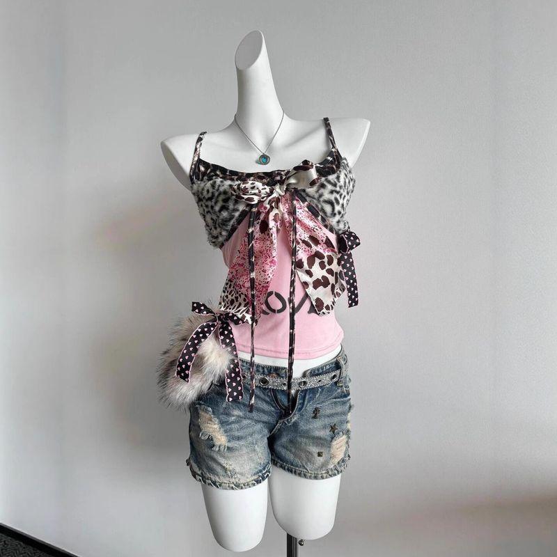 Amerikanischer Retro Shibuya Rosa Erinnerungen Leopardenmuster Herz Polka Dots Schleife Lveo Print Spicy Girl Trägertop für Damen