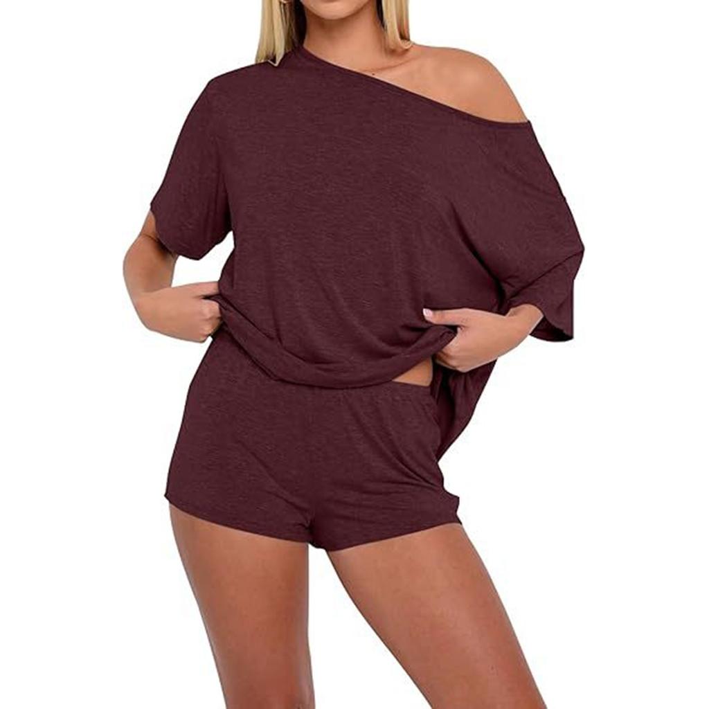 Women's Two Piece Lounge Set Knit Top and Shorts Set Casual Relaxed Fit Soft Fabric Lightweight Summer Outfit