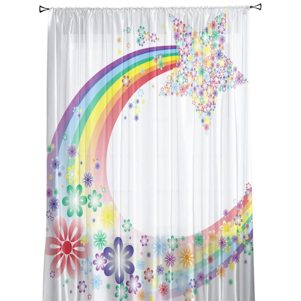 Cartoon Rainbow Star Flower Tulle Sheer Curtains for Living Room Decoration Window Curtain for Bedroom Voile Organza Drapes