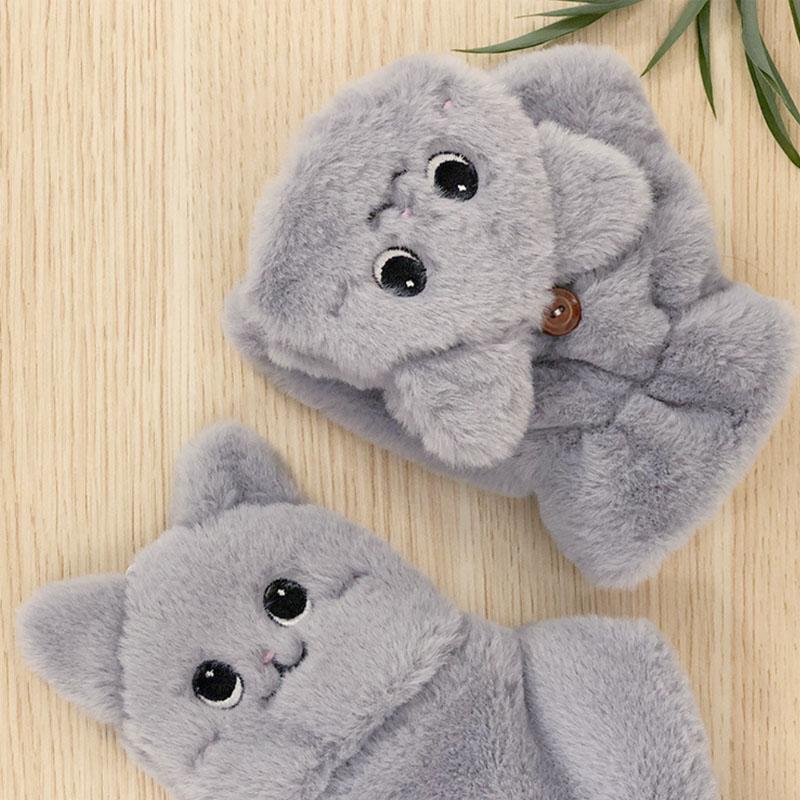 Gants chauds en peluche pour femmes, fourrure, jolis gants chat lapin, mitaines à rabat sans doigts, mitaines flexibles demi-doigts
