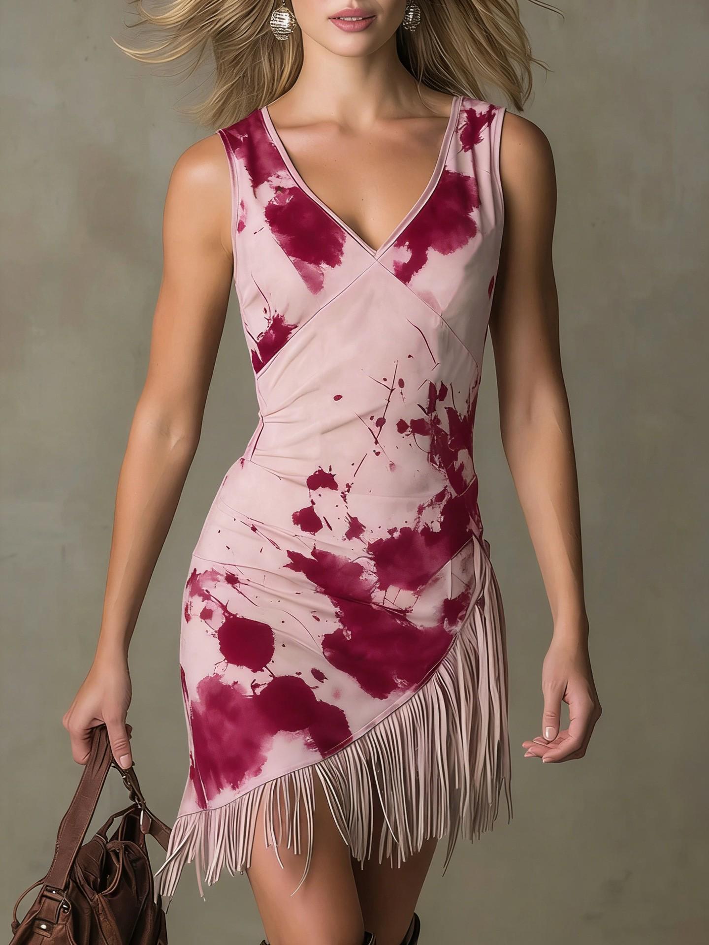2026 Spring/Summer Retro Tassel Ink Print Mini V-neck Dress 2XL маджента