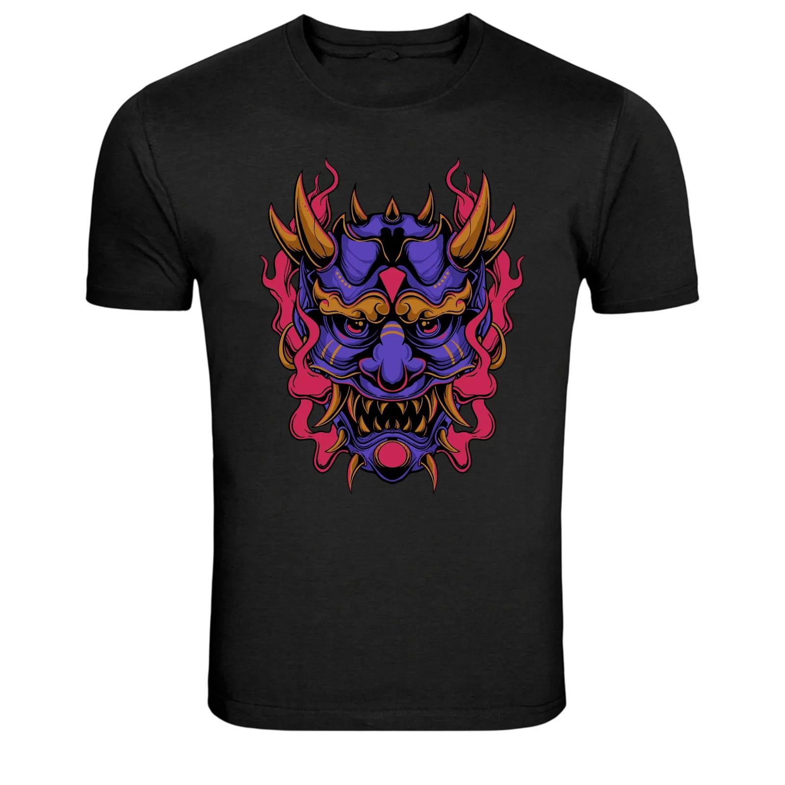 Japanese Oni Demon Mask Neon Horror Graphic T-Shirt XS