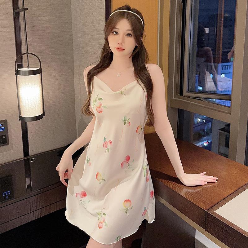 

Women s Ice Silk Deep V-Neck Camisole Nightgown - Sexy, Mid-Length, Thin Design for Spring/Summer
