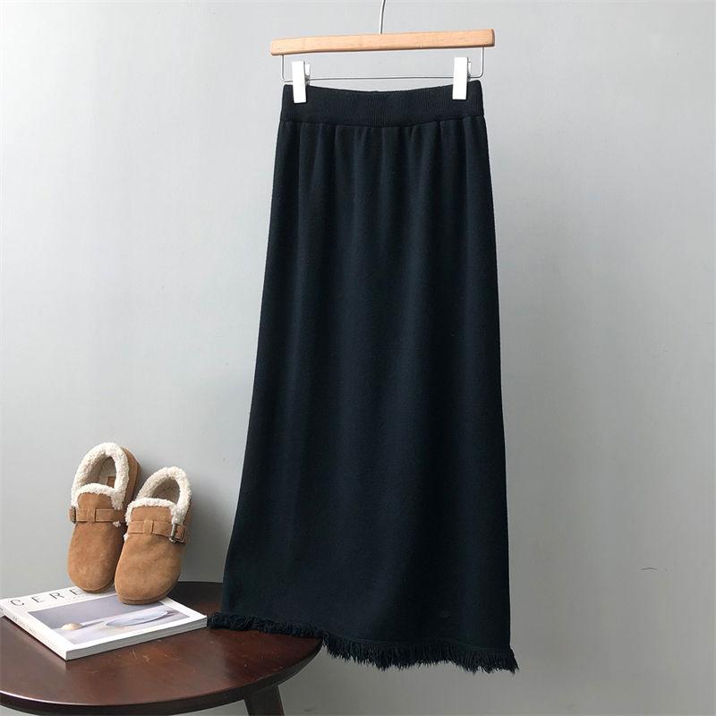 High-End Luxury Fringed Women's Knitted Midi Skirt Elegant Straight Bodycon Skirt High Waist