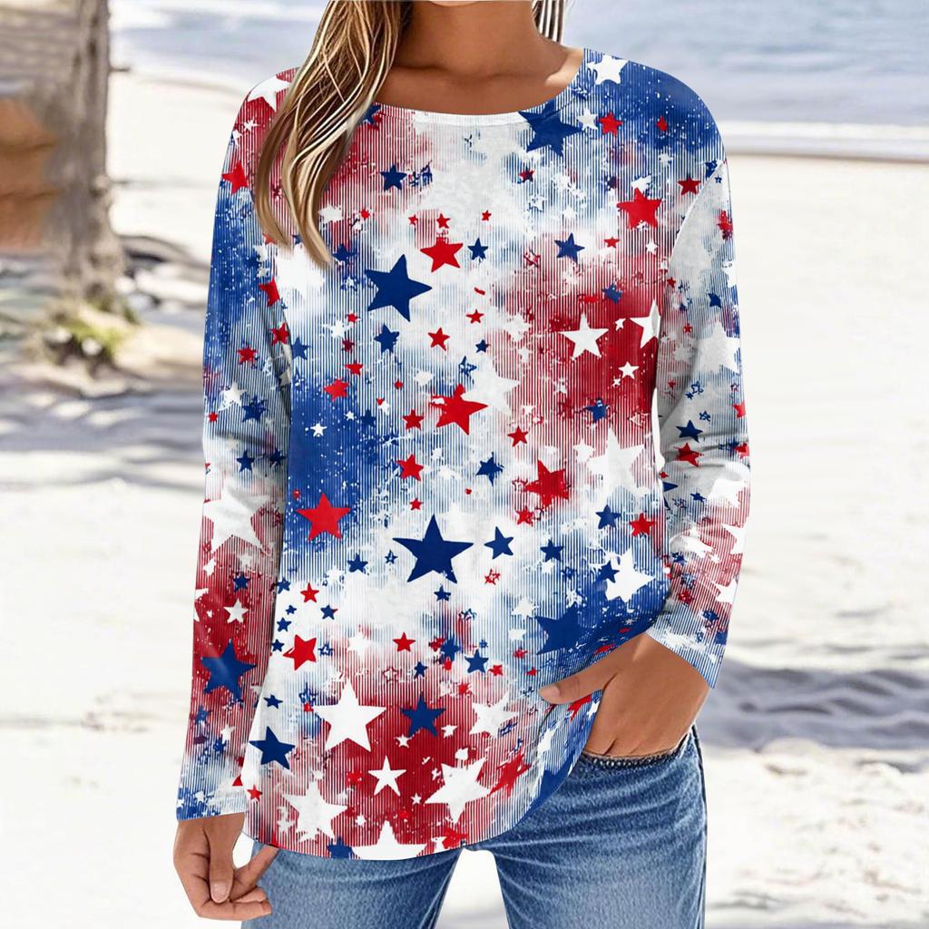 Women's Fashionable Casual Long-Sleeved Independence Day Print Neck Top