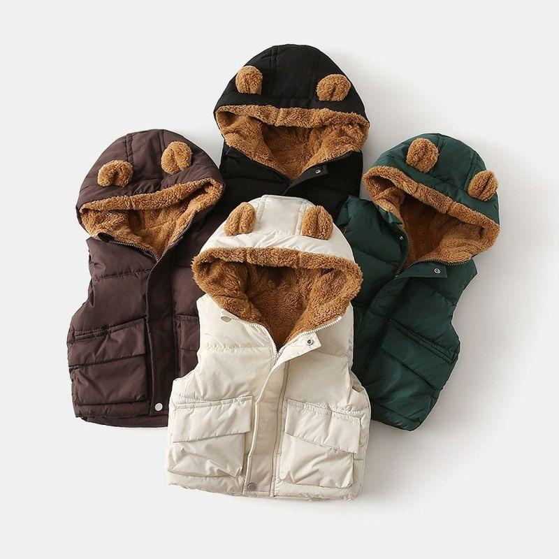 Thickened Cotton Coat for Boys and Girls, Winter Hooded Solid Color Fleece Vest, Cartoon Children's Clothing, Baby Cotton Jacket with Zipper